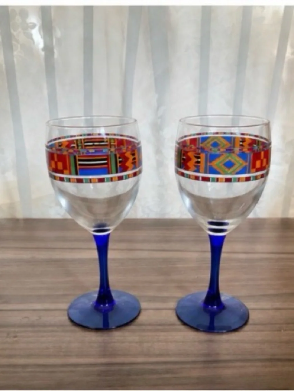 Vintage Avon Kente Water Goblets Cobalt Blue Stem Set of 2 France. Discontinued.